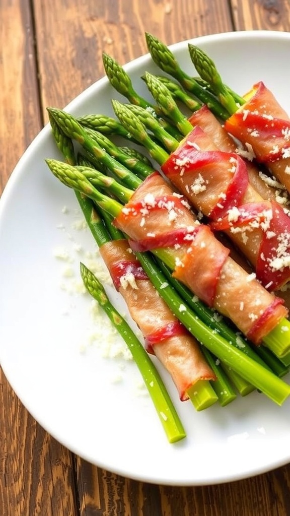 Crispy air fryer asparagus wrapped in prosciutto, garnished with Parmesan cheese on a rustic plate.